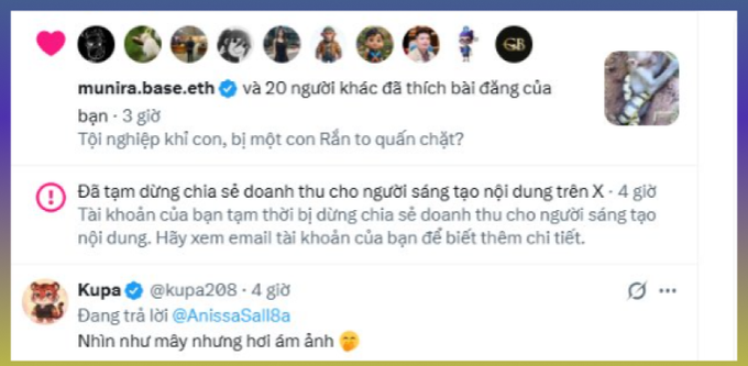 A screenshot of social media posts in Vietnamese, including a verified account 'munira.base.eth' and a notice about paused revenue sharing on X, with a user 'Kupa' (@kupa208) replying to @AnissaSail18a.