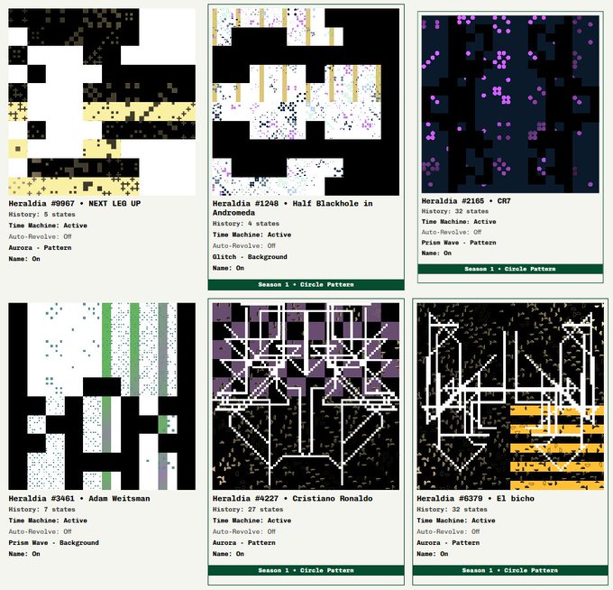 The image displays a gallery of six "Heraldia" NFT cards from the "Season 1 - Circle Pattern" collection, each featuring unique pixel-art designs and metadata such as "Heraldia #9987 • NEXT LEG UP," "Heraldia #1248 • Half Blackhole in Andromeda," and "Heraldia #6379 • El bicho." The top-left card directly corresponds to the post, where Heraldia #9987 has been officially renamed onchain to "NEXT LEG UP," reflecting the collector's commitment to branding and personalizing their cryptoart assets.