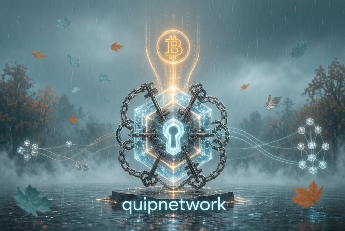 A glowing Bitcoin symbol hovers above a locked, chain-wrapped cryptocurrency cube labeled "quipnetwork," set against a rainy autumnal landscape with falling leaves and floating blockchain nodes, symbolizing Bitcoin's resurgence after months of decline.