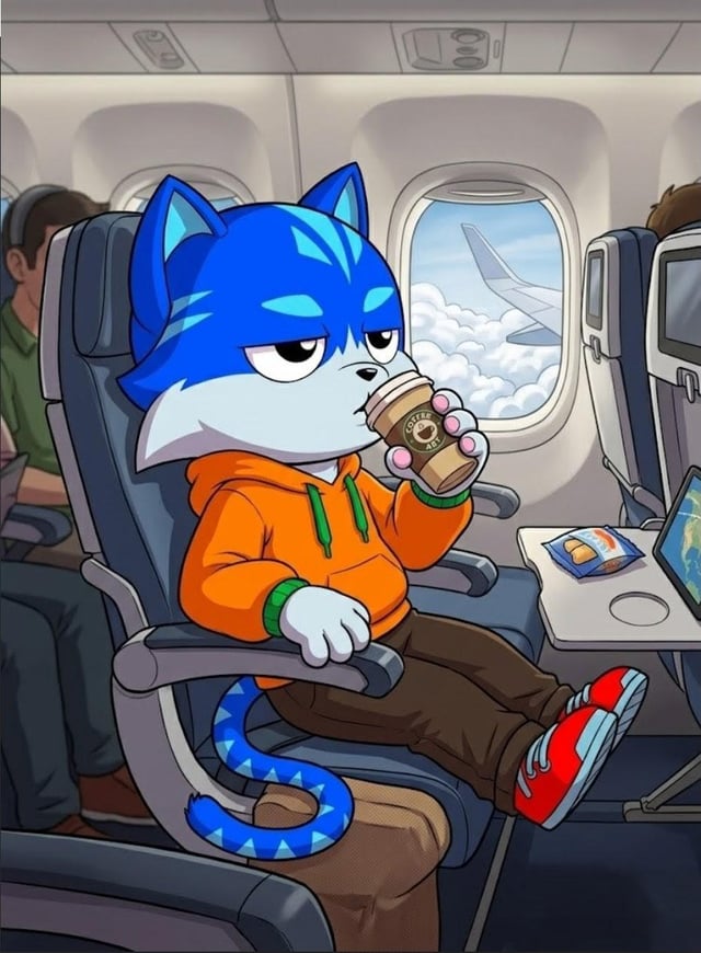 The image features a cartoon cat sitting inside an airplane, holding a cup of coffee while looking out the window. There are two people visible in the scene - one person seated next to the cat and another person who appears to be standing behind them. The background shows the interior of an airplane with various seats and overhead bins.