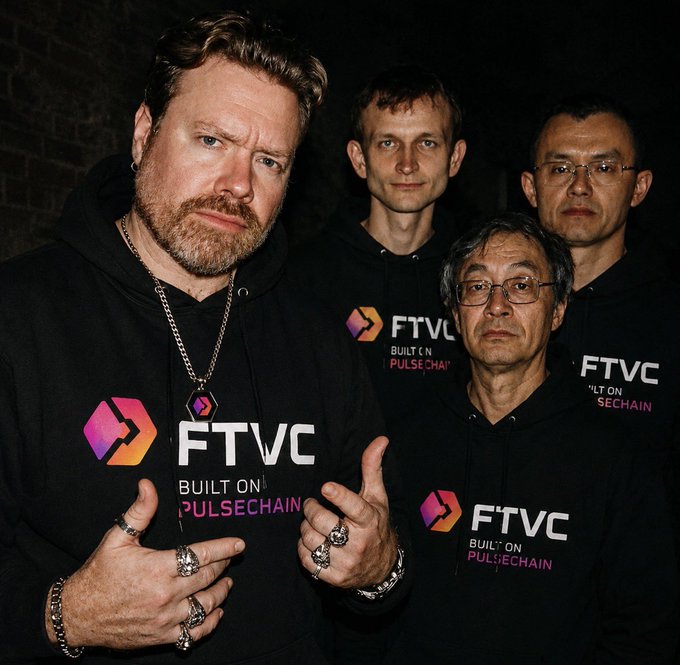 Four men pose together in black hoodies branded with "FTVC - BUILT ON PULSECHAIN," visually representing the dedicated team behind the community-driven $FTVC project highlighted in the post.