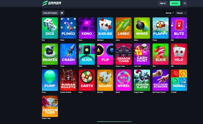 Screenshot of the GAMBA gambling platform displaying various game thumbnails including Dice, Plinko, Keno, Blackjack, Limbo, Mines, Flappy, Blitz, Snakes, Crash, Slide, Flip, Dragon Tower, Cash Hunt, Slice, HiLo, Pump, Russian Roulette, Darts, Baccarat, Wheel, Dragon Slayer, Rock Paper Scissors, and Trenball.