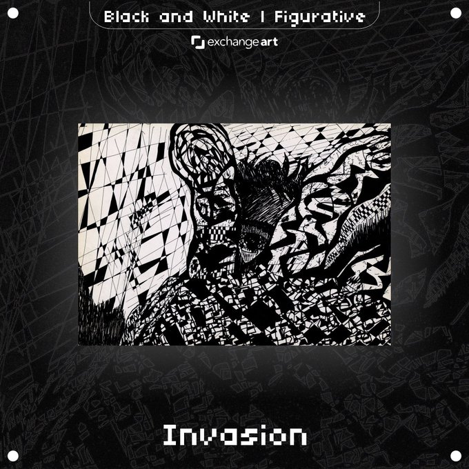 The image showcases a stark black-and-white figurative ink drawing titled "Invasion," featuring chaotic geometric patterns and abstract human forms rendered in bold, scratchy linework. Labeled as part of a "Black and White | Figurative" collection on exchange.art, the piece is a unique 1/1 physical ink-on-paper A5 work (4914 x 3491 px) listed at 0.5 SOL, reflecting the artist's memory-inspired, frenetic exploration of fragmented figures and space.