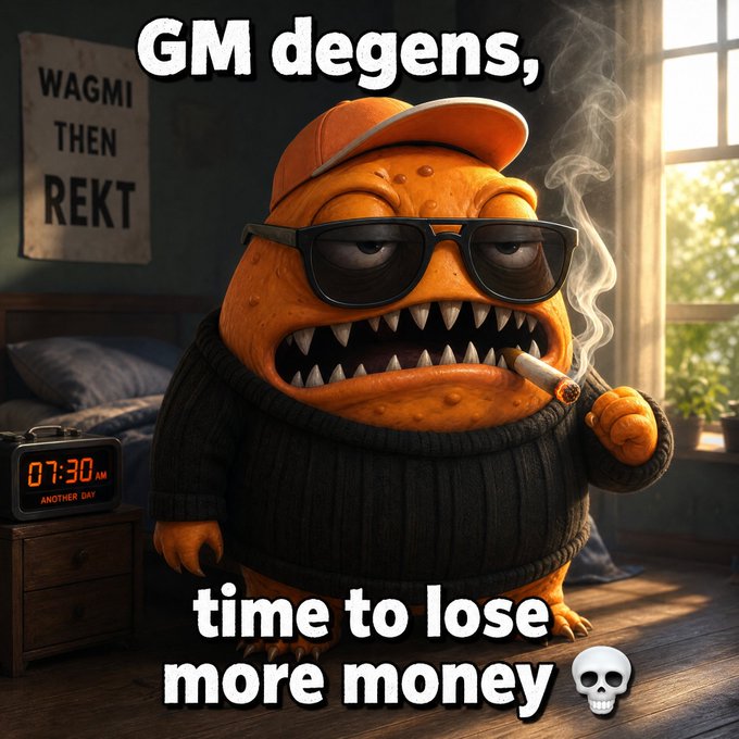 A meme image featuring a cartoonish orange monster character wearing sunglasses and a cap, smoking a cigarette in a dim bedroom. Text reads 'GM degens,' at top, 'WAGMI THEN REKT' on a poster, and 'time to lose more money 💀' at bottom.