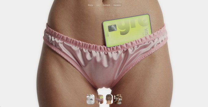 A close-up product photo showing a person's lower torso in pink satin underwear with a green 'VIA' credit card placed in the waistband, along with 'Body | (-4) | Content | Captures' navigation text.