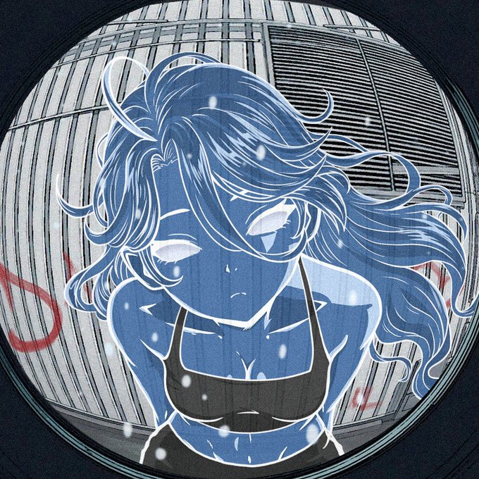 An anime-style illustration showing a blue-tinted girl with flowing hair viewed through a circular fisheye lens, with red markings visible in the background.