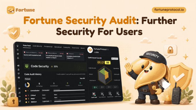 A promotional graphic for Fortune Protocol highlighting a security audit by CertiK, featuring a mascot in a security cap, a shield and padlock illustration, and a screenshot of a CertiK dashboard showing a "CertiK Skynet Score 86.01" with a 20% Code Security rating for the Fortune Protocol audit. The image visually reinforces the post's message by displaying the actual audit results from CertiK, demonstrating the platform's commitment to professional security standards.