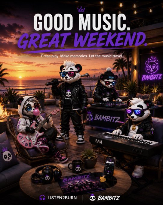 A vibrant promotional poster for "BAMBITZ" music with the headline "GOOD MUSIC. GREAT WEEKEND." featuring anthropomorphic panda characters playing instruments (guitar, microphone, and keyboard) on a sunset beach patio, with branding for "LISTEN2BURN" at the bottom.