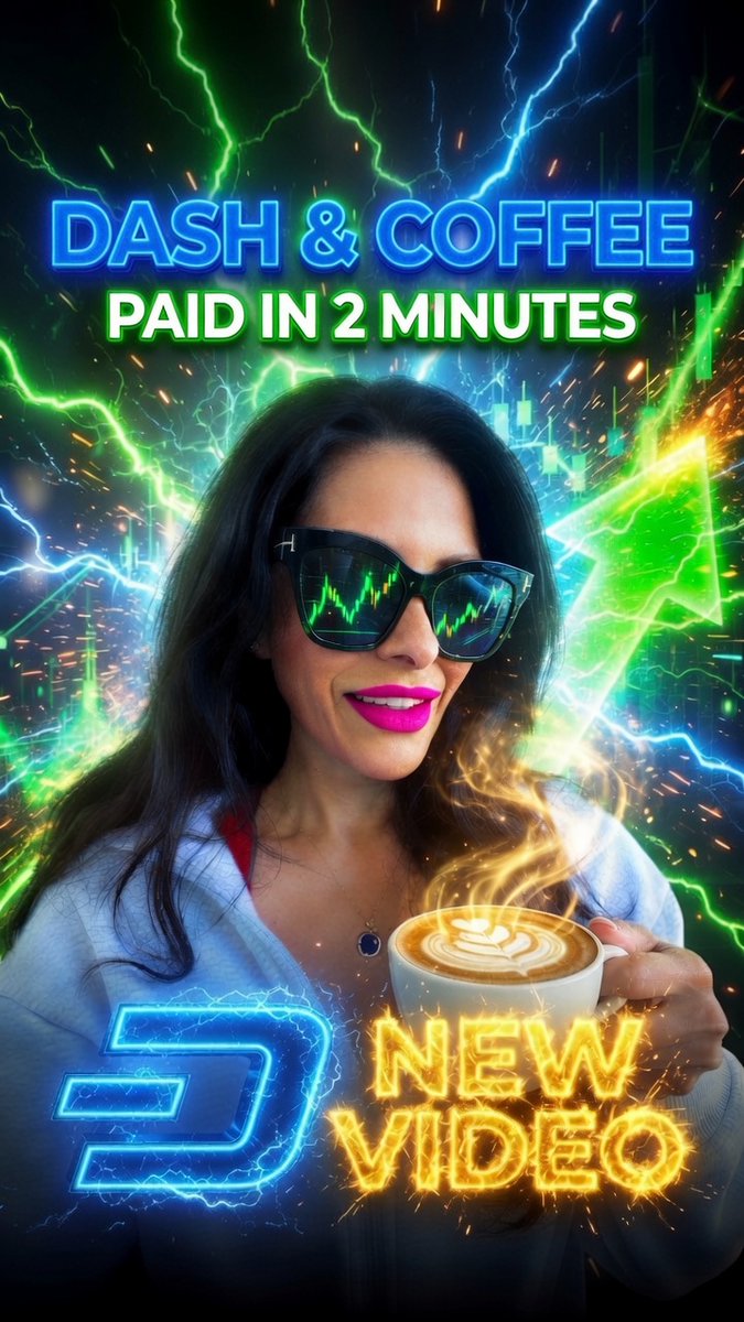 A stylish YouTube-style thumbnail features a woman in sunglasses (with a chart reflection in the lenses) holding a steaming latte, surrounded by dramatic neon lightning bolts and financial chart elements. Bold neon text overlays announce "DASH & COFFEE PAID IN 2 MINUTES," "NEW VIDEO," and a glowing "D" logo, visualizing the post's theme of completing a seamless Dash-to-Bitcoin-to-Lightning coffee transaction in under two minutes.