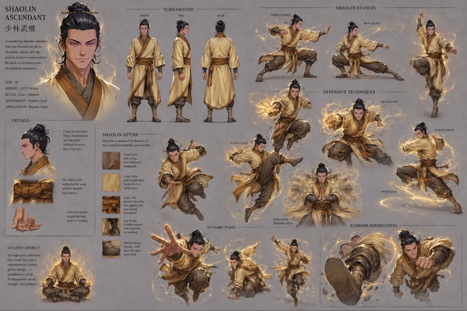 A detailed concept art sheet titled 'SHAOLIN ASCENDANT' depicting a Shaolin martial artist character, showing 'TURNAROUND' views, 'SHAOLIN STANCES', 'OFFENSIVE TECHNIQUES', 'DYNAMIC POSES', and 'EXTREME PERSPECTIVES' in golden robes.