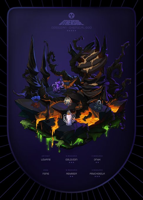 A stylized poster for "Obsidian Chemical God" from Yuga Labs' Otherside metaverse, depicting a dark, twisted landscape with various creatures (including a ghost-like figure, a blue bird, and a skeletal character) gathered around a central chalice, with attribute stats shown at the bottom (Appearance: Lojans, % Resource: Oblivion, etc.). The image relates to the post as it showcases the Koda NFT artwork the user acquired through a trade.