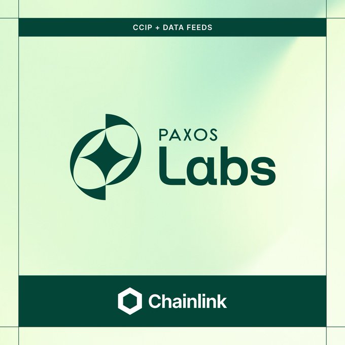 A graphic featuring the "PAXOS Labs" logo alongside the "Chainlink" logo, labeled "CCIP + DATA FEEDS," visually representing the partnership powering the launch of PAXGy, a new gold-backed token leveraging Chainlink's cross-chain infrastructure and price feeds.