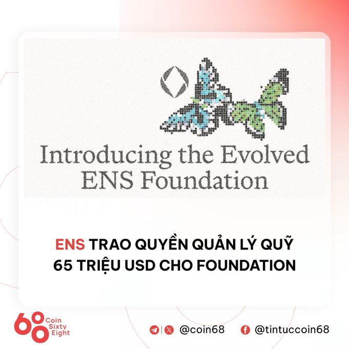 An announcement graphic from Coin Sixty-Eight titled 'Introducing the Evolved ENS Foundation' with Vietnamese text stating 'ENS TRAO QUYỀN QUẢN LÝ QUỸ 65 TRIỆU USD CHO FOUNDATION' (ENS grants $65 million fund management to the Foundation), featuring the ENS butterfly logo.