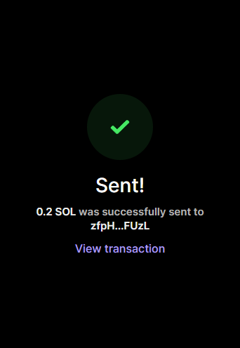 A success screen shows that "0.2 SOL was successfully sent to zfpH…FUzL," with a "View transaction" link. The image confirms the SOL transaction mentioned in the post, likely tied to the tagged accounts @zephyraszn and @MuhasinPs.