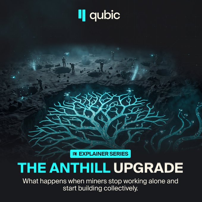 The image shows an advertisement for "The Anthill Upgrade" series, which is a book about the history of cryptocurrency and its impact on society. The title of the book is displayed at the top of the image, along with the subtitle that reads "Explainer Series". The background of the image features a dark blue sky filled with stars, giving it an otherworldly feel. There are also some people in the image, possibly miners who have stopped working and started building collectively.