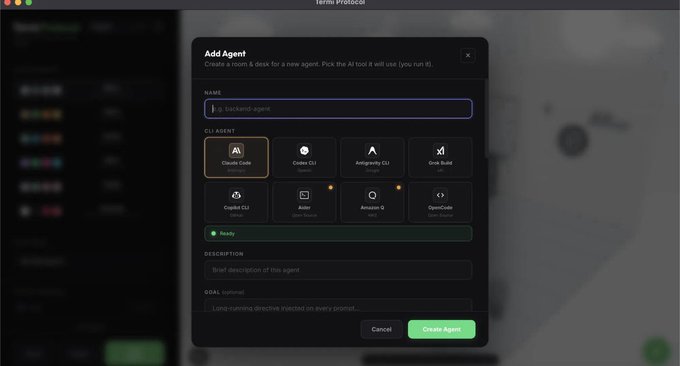 A screenshot of a 'Termi Protokolu' interface showing an 'Add Agent' dialog box with various AI CLI agents like Claude Code, Codex CLI, and Gemini CLI available for selection.