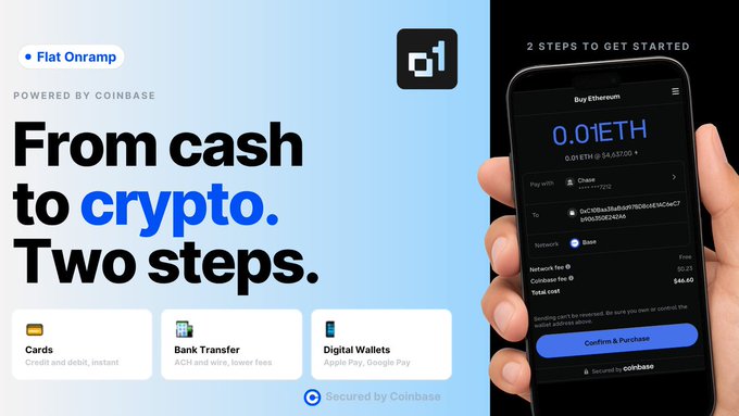 The image shows a person holding up their phone displaying an app or website related to cryptocurrency. The screen of the phone displays information about two steps to get started with cryptocurrency, including instructions for using the app or visiting the website. The main focus is on the process of transferring funds from fiat money to cryptocurrency and how it can be done through the app or website.