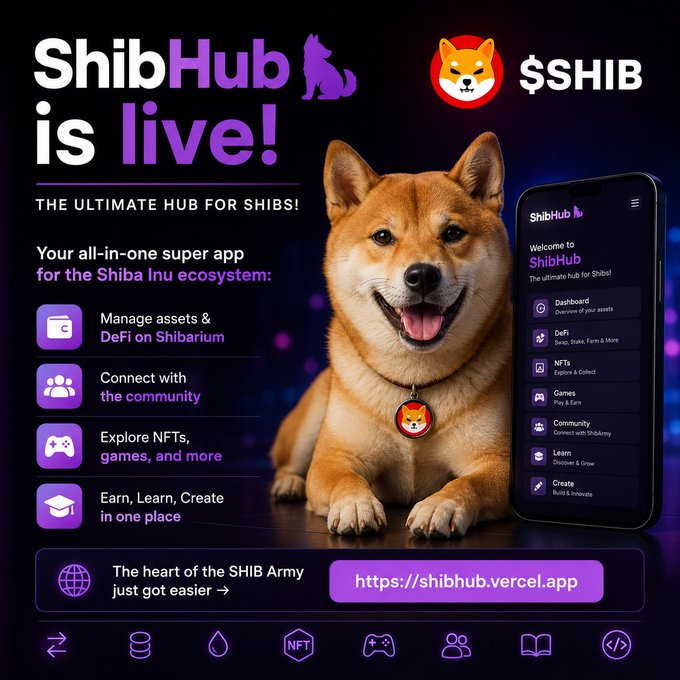 Promotional image for ShibHub, advertised as the ultimate hub for $SHIB and the Shiba Inu ecosystem, featuring a smiling Shiba Inu dog and smartphone mockup showing app features like DeFi, NFTs, and community, with URL https://shibhub.vercel.app.
