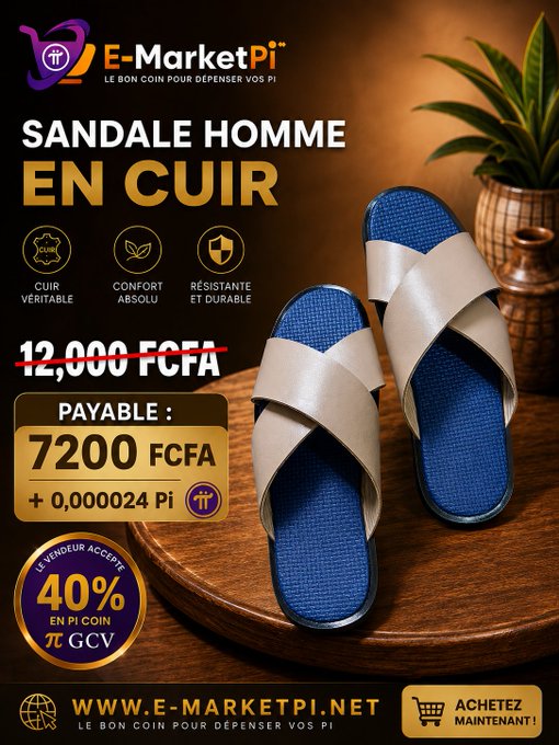 An advertisement for E-MarketPi showcasing men's leather sandals priced at 7,200 FCFA (discounted from 12,000), payable with 0.000024 Pi cryptocurrency.