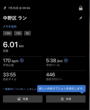 A smartphone screenshot of a fitness app showing a running record in Nagoya on July 25th, displaying 6.01 km, an average heart rate of 170 bpm, and 446 calories burned.
