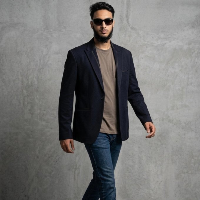 Fashion portrait of a bearded man wearing sunglasses, dark blazer, olive t-shirt, and blue jeans against a textured gray background.
