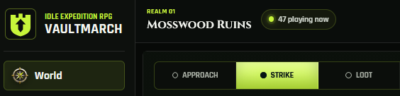 A game interface for 'IDLE EXPEDITION RPG VAULTMARCH' showing 'REALM 01 MOSSWOOD RUINS' with 47 playing now, and action buttons for Approach, Strike, and Loot.