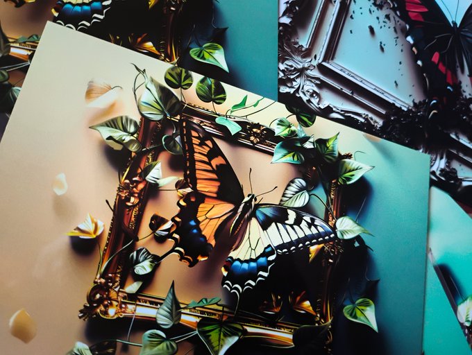 An ornate golden picture frame adorned with green ivy leaves and two large butterflies rests on a surface next to a wet glass frame and a butterfly wing.