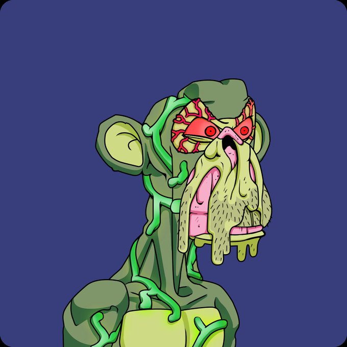 The image features a cartoon monkey with green skin, red eyes, and a googly face wearing glasses that are tinted pink. The monkey has a long beard and is holding a camera in its hand. The background of the image is blue, which contrasts with the monkey's green skin. There is also text present in the image: "vibes reaching new ath bored ape yacht club". This phrase seems to be related to the monkey or the post it appears to be connected to.