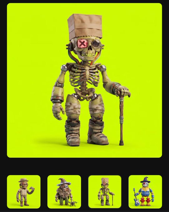 A stylized 3D illustration of a skeleton character with a paper bag on its head, an X-marked eye, and a walking cane, displayed on a green background with smaller character variants shown below.