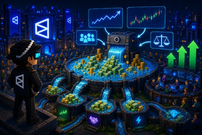 A vibrant pixel-art scene shows a pixelated figure overlooking a glowing pool of gold coins, surrounded by futuristic cityscapes, trading charts, and blockchain-themed icons.