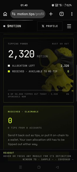 A screenshot of the Motion platform showing a profile with 2,320 MOTION tipping power, including 2,320 allocation left and 0 received/claimable tips. The user is offering to share 320 MOTION tokens to test the tipping functionality.