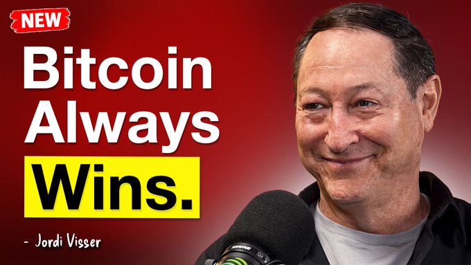 A smiling man speaks into a microphone on a YouTube thumbnail with the text "NEW: Bitcoin Always Wins. - Jordi Visser," likely highlighting a podcast appearance where he discusses Bitcoin, AI, longevity, and the future alongside Kevin.