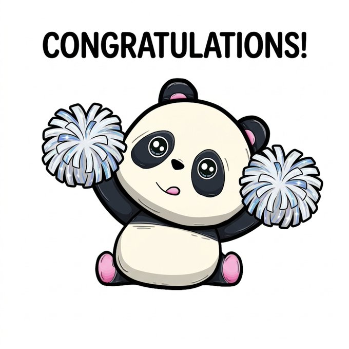 A cartoon panda holding silver pom-poms appears under the bold text "CONGRATULATIONS!" on a white background.