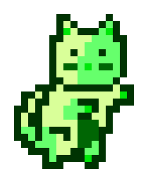 A pixel art illustration of a small green frog character sitting in a curled-up position.