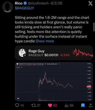 The image shows a screenshot of an Instagram post by @RicoInTech that features a chart with the RAGEGUY cryptocurrency symbol at the top. The post states, "Sitting around the 16-2M range and the chart looks kinda slow at first glance, but volume is still tickling and holders aren't really..." which indicates the market price of $0.24/BTC on February 6, 2016. The post also mentions a few other cryptocurrency users that could be interested in RAGEGUY.