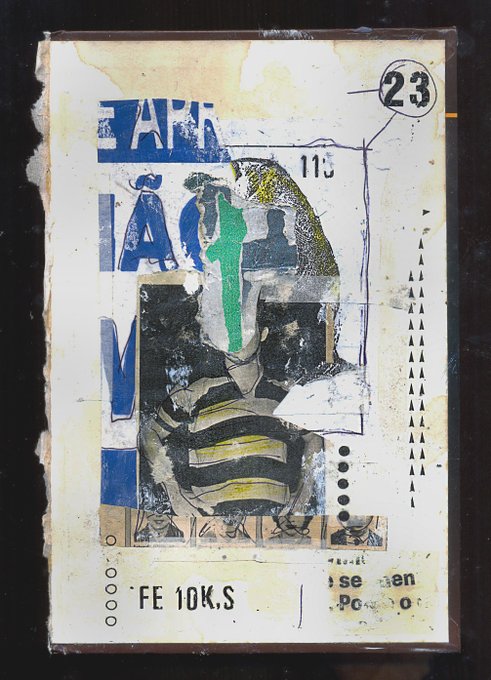 An abstract mixed-media artwork featuring collage elements, including blue letters spelling 'LA MA', numbers '113' and '23' in a speech bubble, and text fragments like 'FE 10K,S' on a textured cream background.
