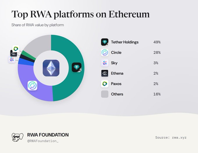 An infographic titled 'Top RWA platforms on Ethereum' showing market share with Tether Holdings at 49%, Circle at 28%, Sky at 3%, Ethena at 2%, Paxos at 2%, and Others at 16%, credited to RWA Foundation.