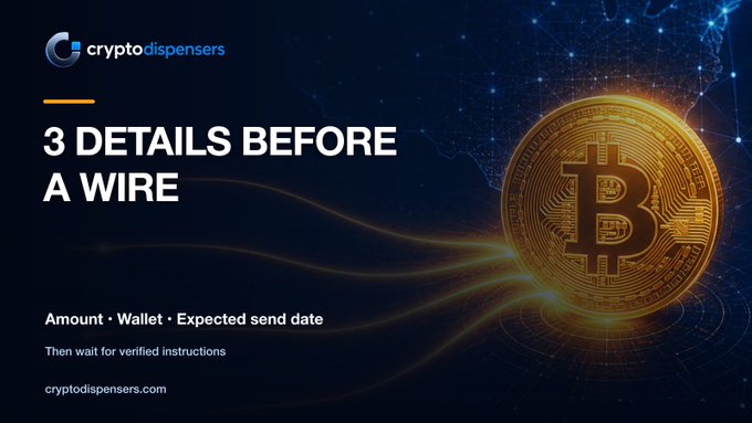 A promotional graphic for cryptodispensers.com titled "3 DETAILS BEFORE A WIRE," listing required information as "Amount • Wallet • Expected send date" alongside a golden Bitcoin against a dark blue networked background.