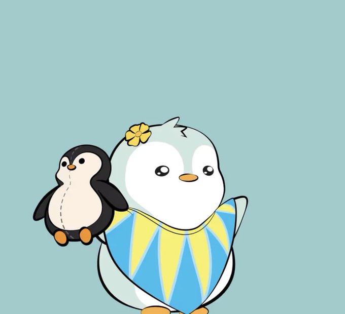 A cute cartoon illustration of a baby penguin with a yellow flower on its head wearing a blue and yellow striped scarf, holding a small black penguin plushie against a light blue background.