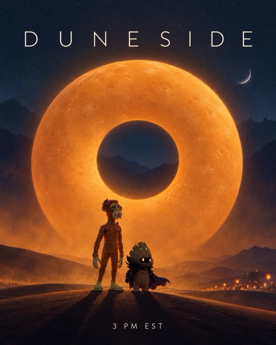 A movie poster titled 'DUNESIDE' showing two animated characters standing before a massive glowing orange eclipse over a desert landscape, with '3 PM EST' at the bottom.