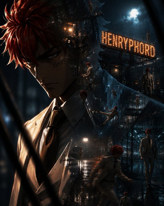 A red-haired anime character with a white shirt and tie stands against a dark background, with the word "HENRYPHOR" displayed above him.