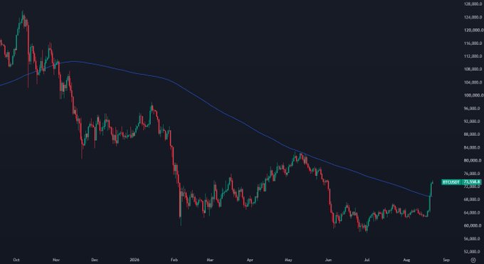 A candlestick chart shows BTC/USD trading at 73,908.6 with a +2.46% gain, featuring a prominent blue 200-day moving average curve that has historically acted as resistance, with the recent price action breaking above this key indicator for the first time since the November 2025 peak near 128,000.