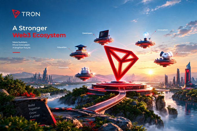 A promotional graphic for TRON features the tagline 'A Stronger Web3 Ecosystem' with labels like 'Developers,' 'Innovation,' and 'Education' around a central red TRX logo.