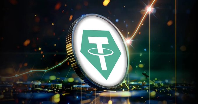 A stylized 3D rendering of a Tether (USDT) coin featuring its signature green shield logo floats against a dark, dynamic background with glowing light effects. The image visually represents Tether's strong financial performance, complementing the headline about the company's $1.5B Q2 operating profit and substantial 146+ ton gold reserves.