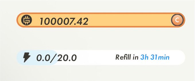 An interface displaying a balance of 100007.42 cryptocurrency tokens and an energy meter reading 0.0/20.0 with a refill timer of 3h 31min.