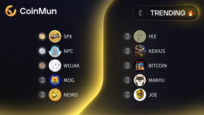 A CoinMun graphic displays the Top 10 Trending Ethereum tokens, with $SPX (1), $NPC (2), and $WOJAK (3) leading the chart, followed by $MOG, $NEIRO, $YEE, $KEKIUS, $BITCOIN, $MANYU, and $JOE. The image visually corresponds to the post by showcasing the ranked list of the same meme coin tickers mentioned.