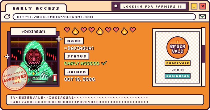 A pixel-art style profile card for the 'Embervale' game showing username 'DAXIAGUA1' with early access status, a hooded character avatar, and a fire emblem on the right.