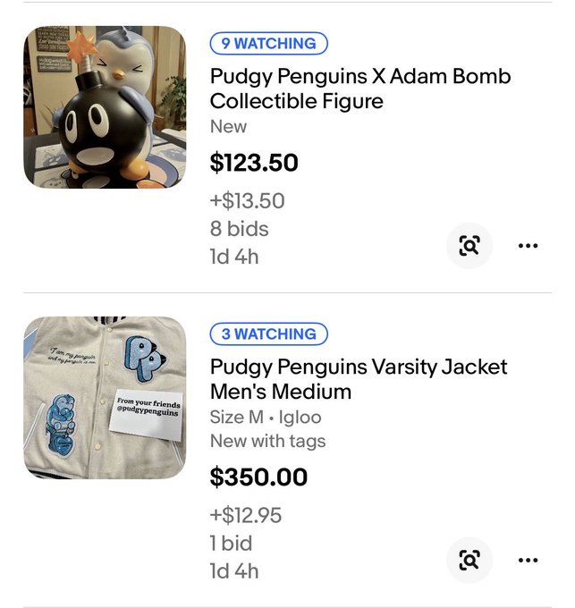 Mobile marketplace listing showing two Pudgy Penguins items: an 'Adam Bomb Collectible Figure' priced at $123.50 (8 bids) and a 'Pudgy Penguins Varsity Jacket Men's Medium' priced at $350.00 (1 bid), both with 1d 4h remaining.