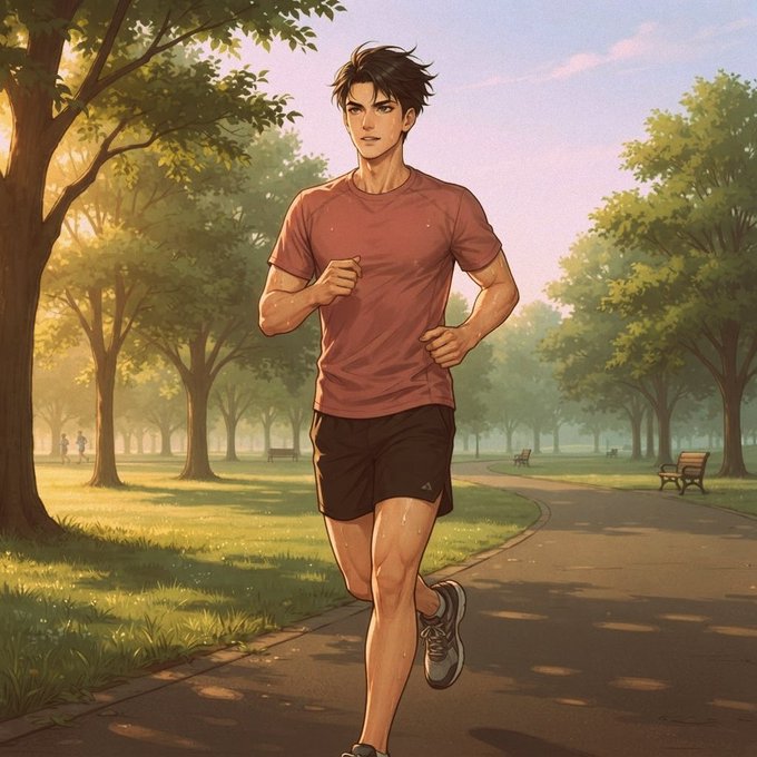 An anime-style illustration of a young man jogging through a sunlit park path lined with trees.