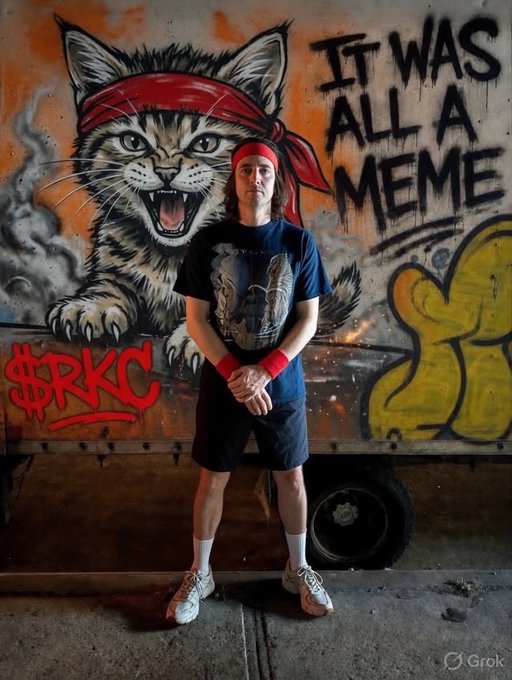 A young man in a red bandana and wristband stands in front of a graffiti mural featuring a fierce snarling cat with a red bandana and the text "IT WAS ALL A MEME" alongside the "$RKC" ticker, visually embodying the RKC meme culture theme referenced in the post.